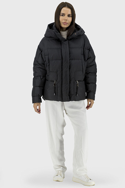 Gecă de damă neagră oversize: puf de rață, glugă, casual Snow Owl (negru, M)