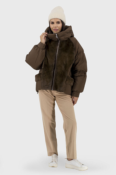Geacă de iarnă pentru femei cu blană de nurcă și căptușeală de nailon Bella Bicchi (maro, 2XL)