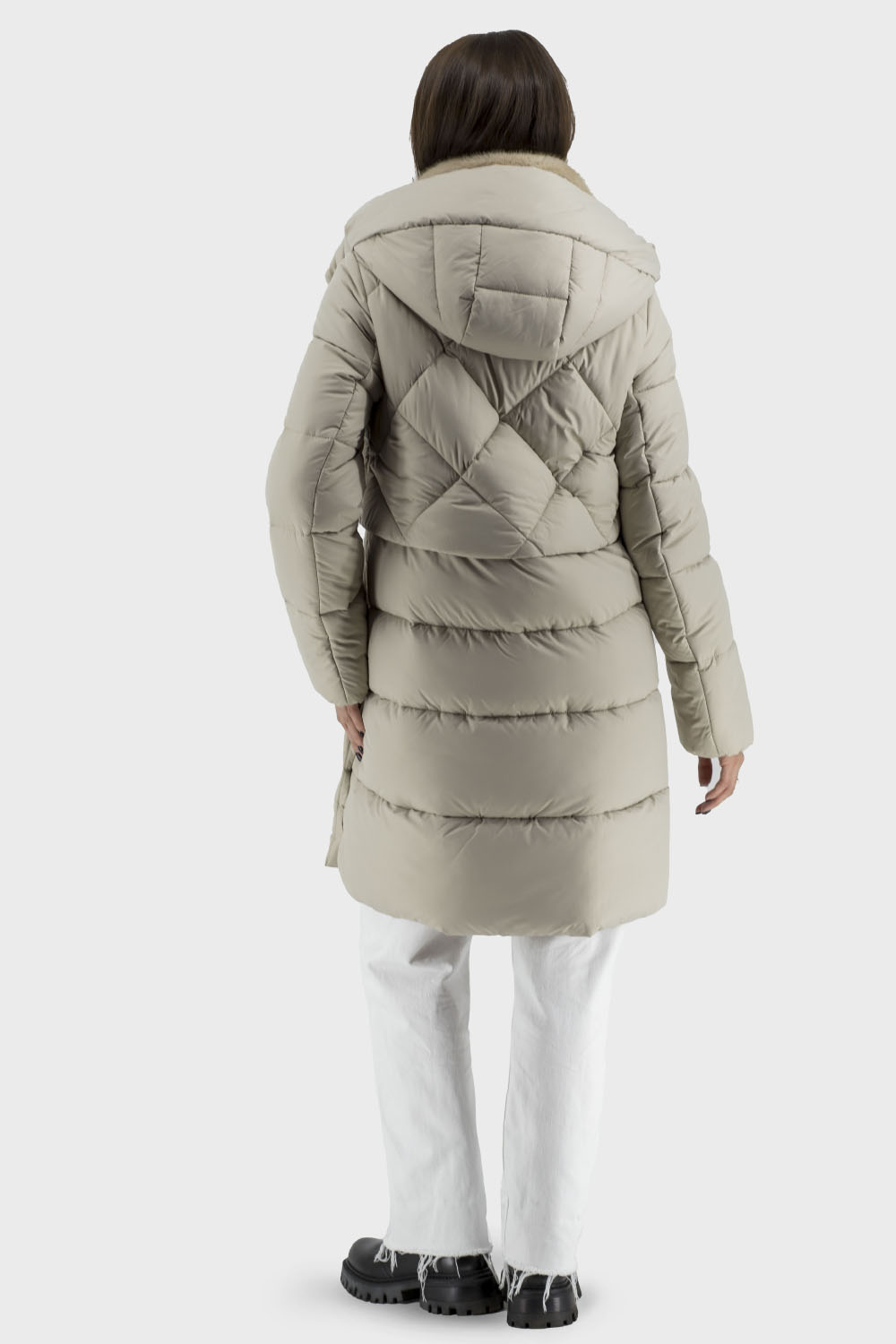 Geacă de iarnă pentru femei cu puf artificial și blană ecologică, stil casual Stella Polare (bej deschis, 42)