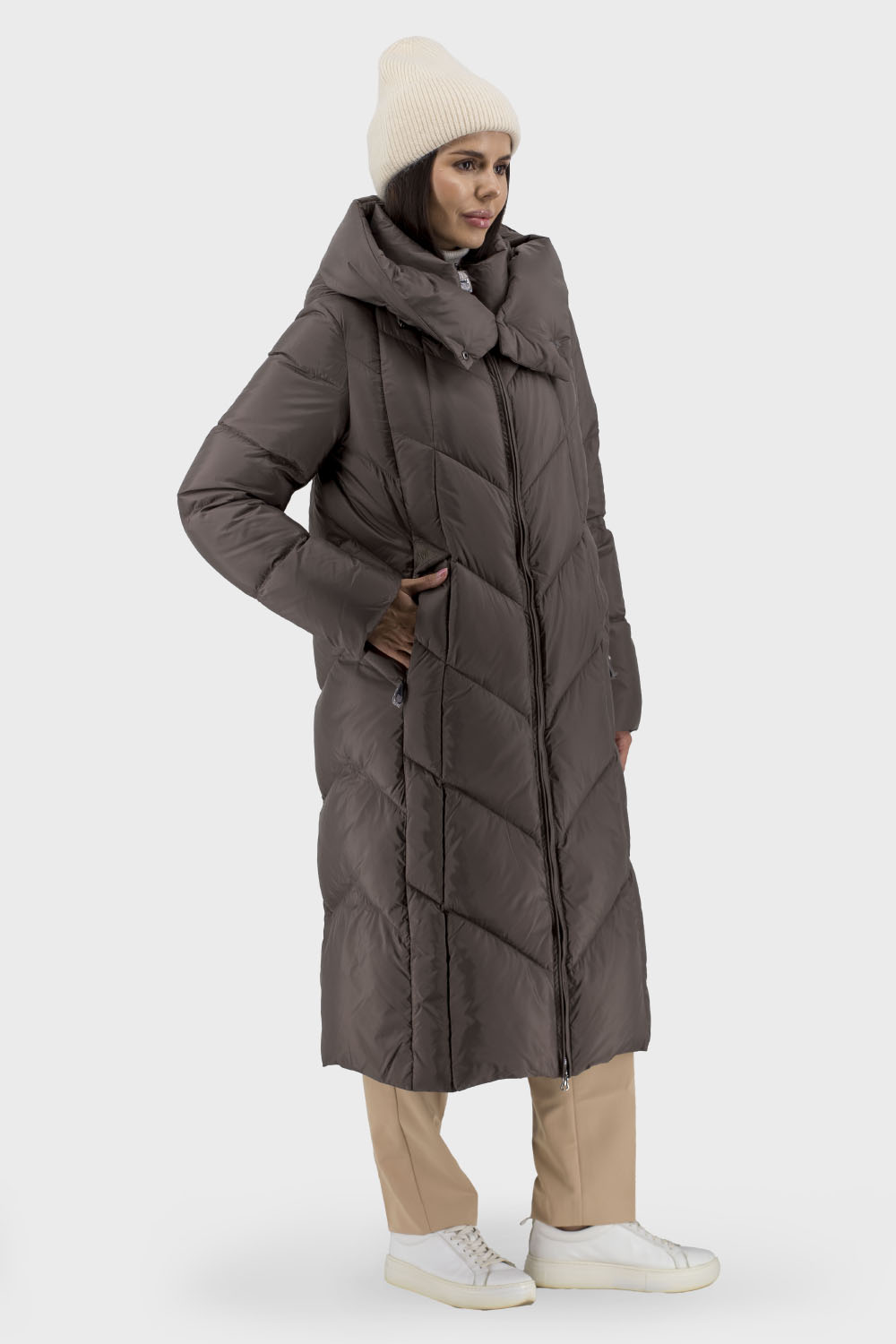 Geacă de damă de iarnă casual cu glugă și centură fără blană Snow Owl (cappuccino, L)