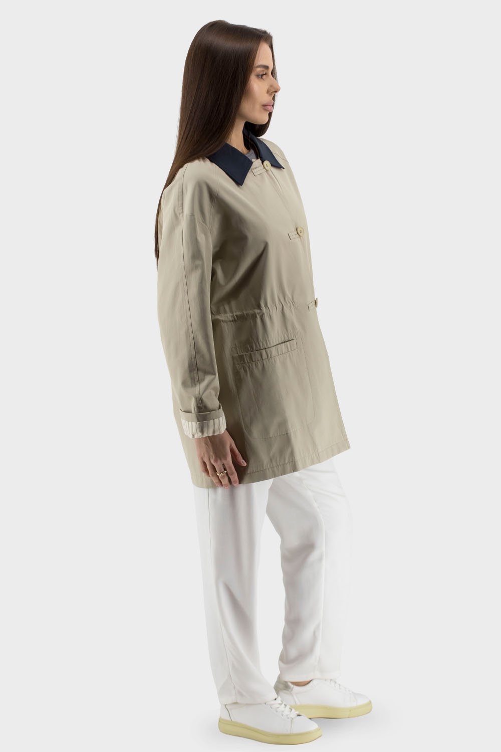 Trench casual bicolor de damă cu guler cămașă și buzunare Basic (bej, 2XL)