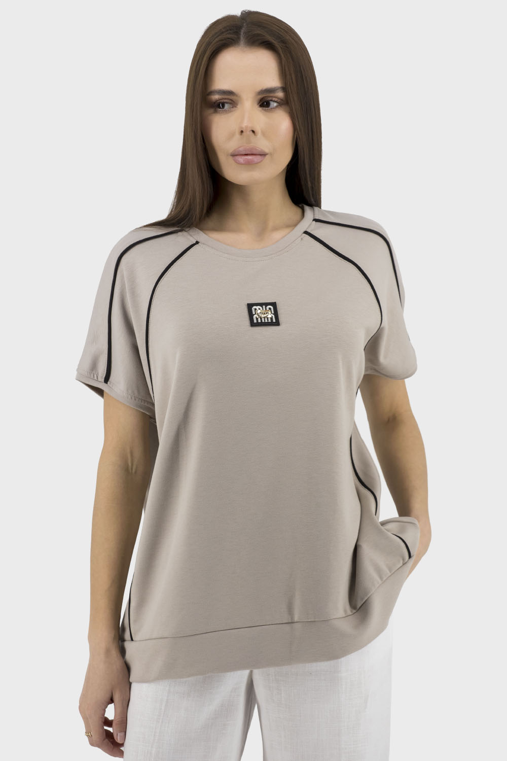 Tricou casual de vară pentru femei în dungi, cu mânecă întreagă Ziques (bej, 1)