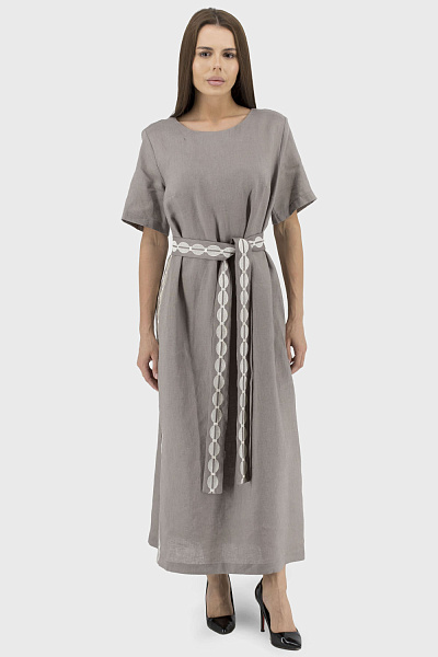 Rochie clasică de vară pentru femei cu broderie și curea, unicoloră Annaver (cappuccino, 42)