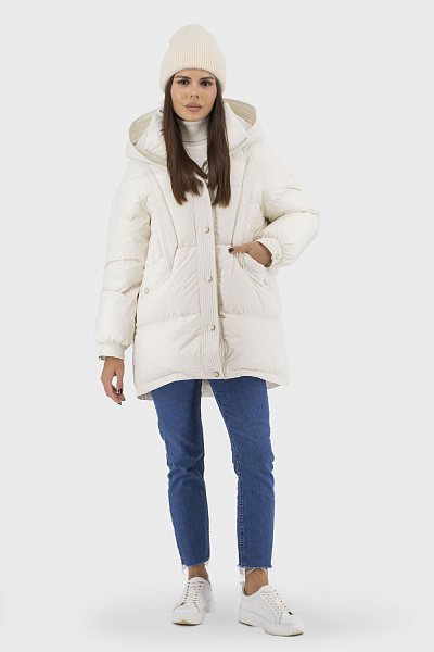 Geacă de iarnă oversize pentru femei cu puf de gâscă și glugă Basic (bej, 2XL)