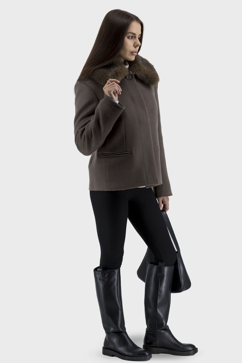 Palton de damă din lână cappuccino cu blană artificială, stil casual Stella Polare. (cappuccino, 42)