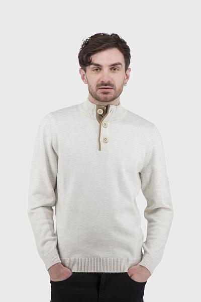 Pulover clasic bărbătesc cu guler parțial și garnituri din piele, culoarea laptelui, Buke (lactic, 2XL)