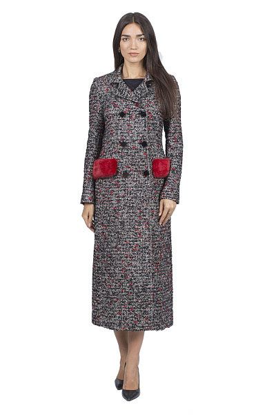 Palton de damă din tweed cu nurcă, stil clasic, gri/roșu Heresis (roşu, 54)