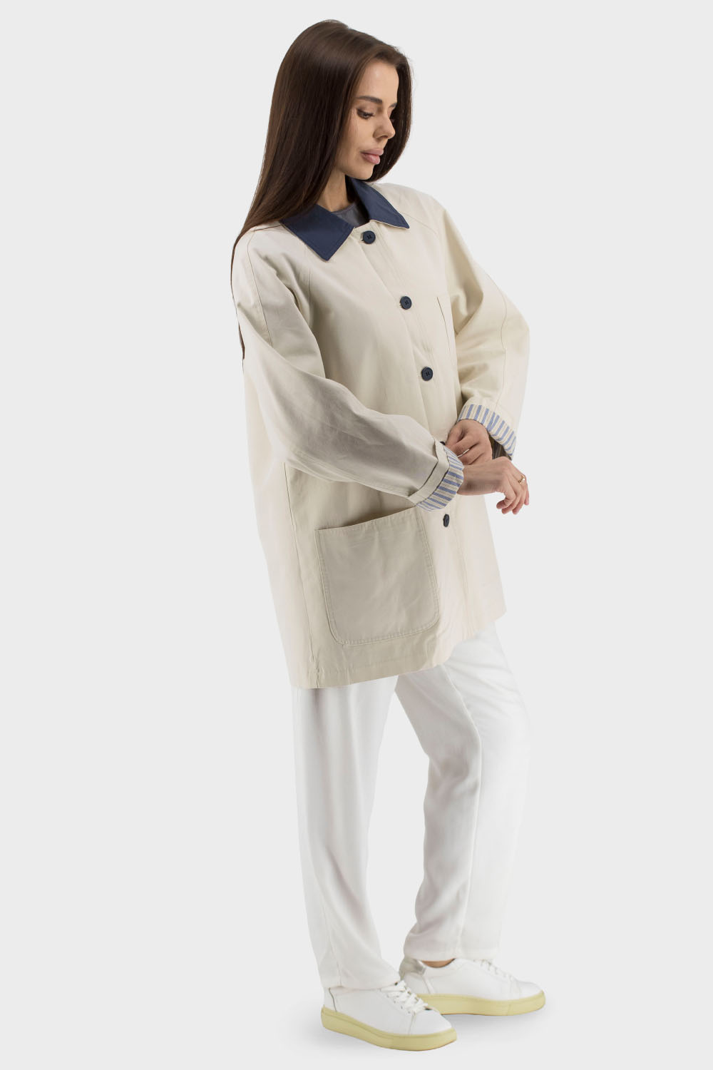 Trench casual de damă bicolor cu poliester, toamnă-primăvară Basic (lactic, 2XL)