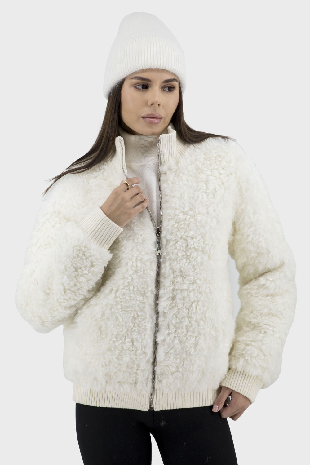 Haină ecologică casual pentru femei, reversibilă, cu blană artificială și fermoar Bella Bicchi (alb, 40)