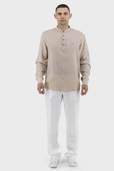 Cămașă de vară casual pentru bărbați cu mânecă lungă și guler-stând Boss (bej, 3XL)