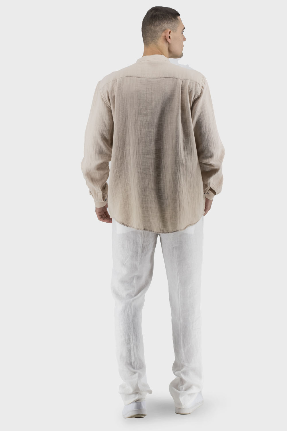 Cămașă de vară casual pentru bărbați cu mânecă lungă și guler-stând Boss (bej, 3XL)