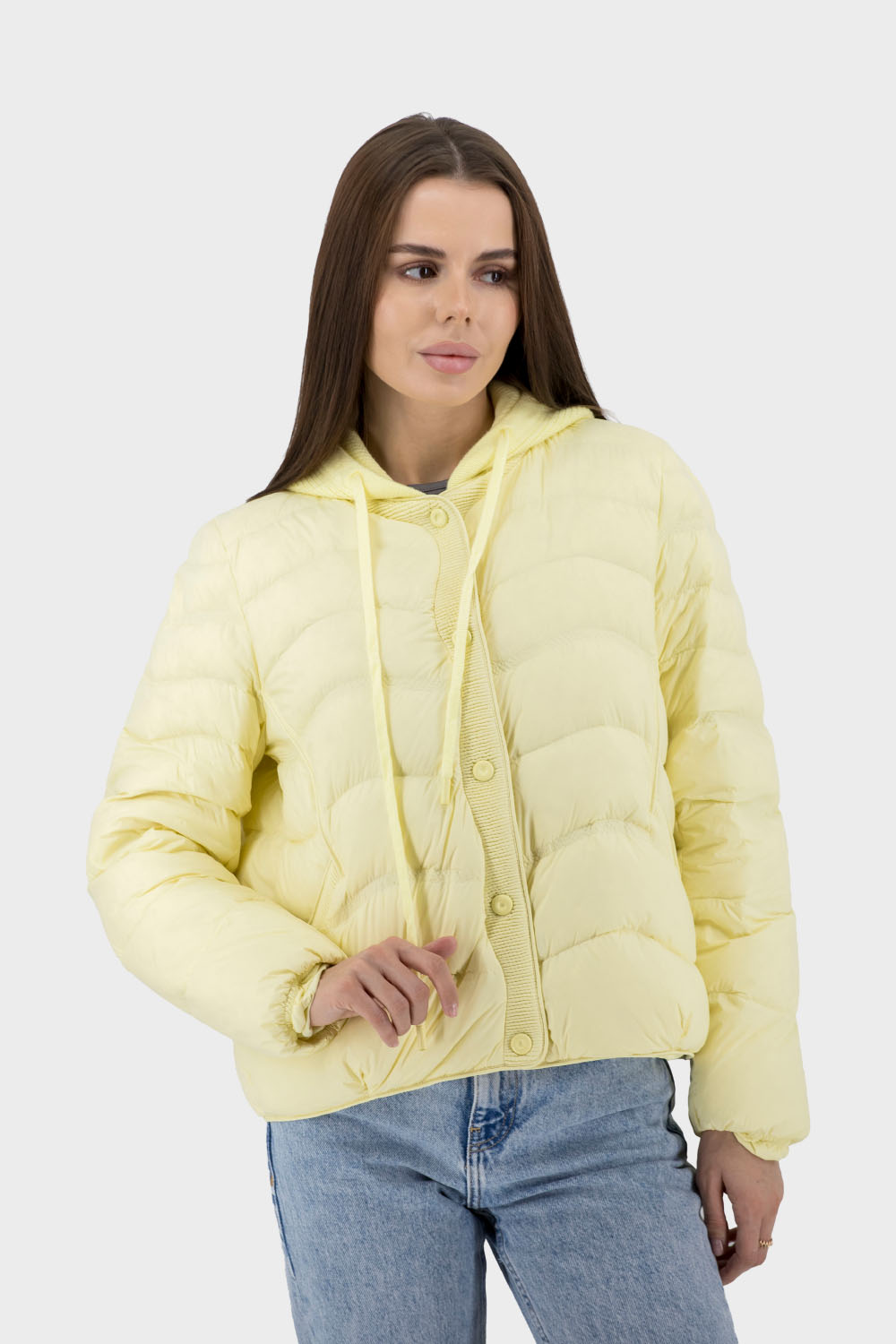 Geacă damă monocolor cu nasturi, cu glugă pentru toamnă și primăvară Basic (galben, L)