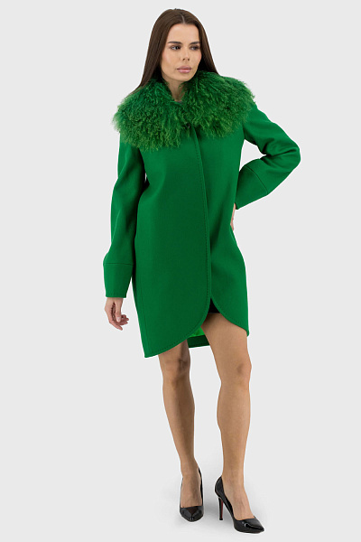 Palton de lână pentru femei cu blană de capră, de tip butoi, toamnă-primăvară Bella Bicchi (verde, 34)