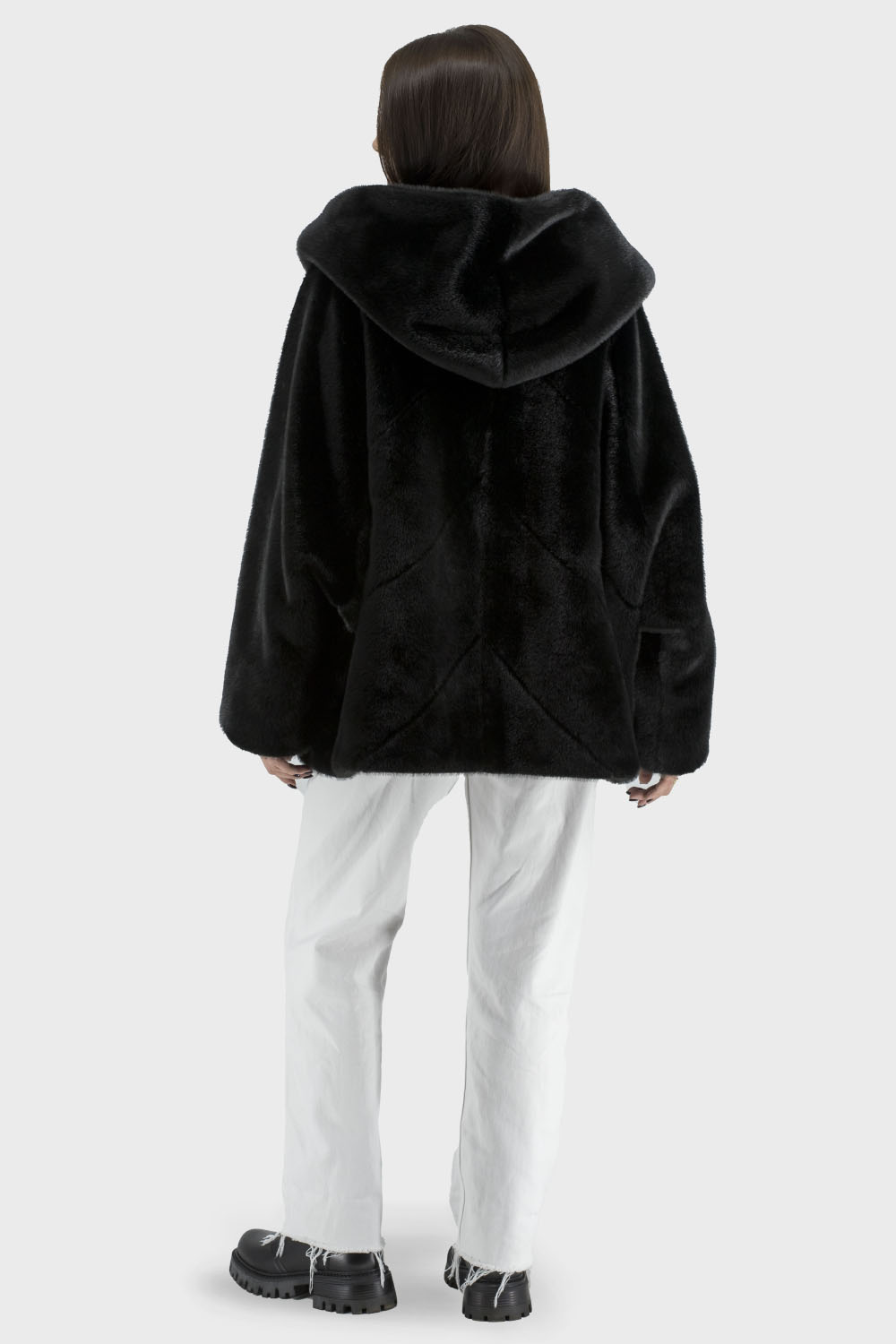 Haină eco neagră de damă cu glugă, stil casual, oversize Bella Bicchi (negru, 46)