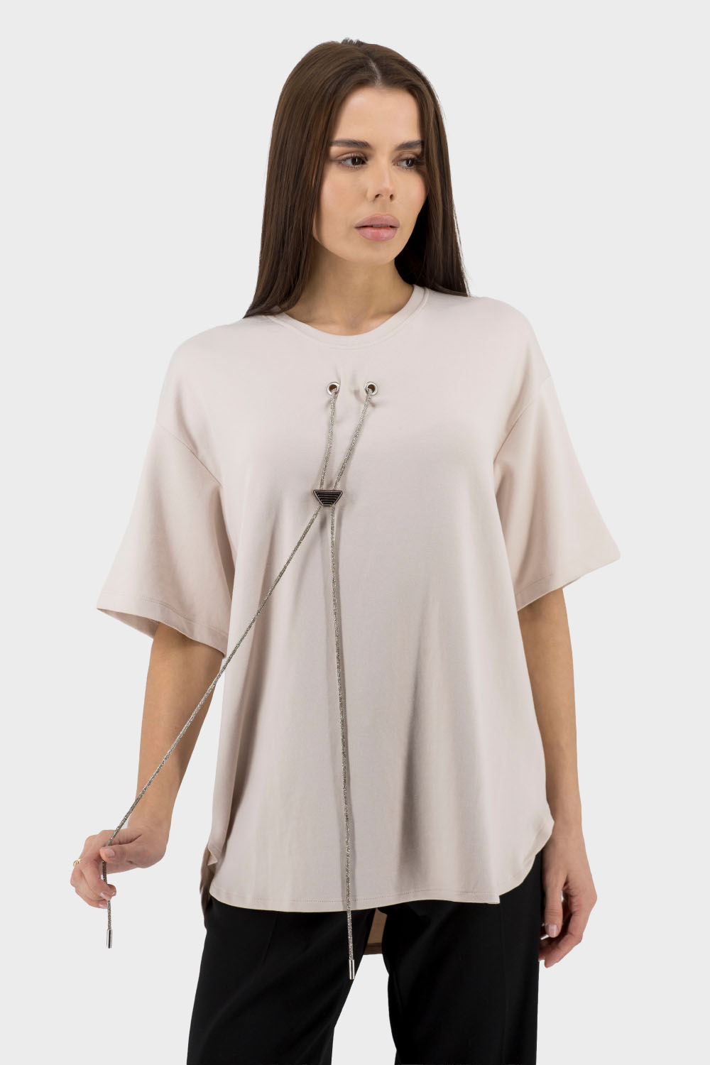 Tricou casual monocrom pentru femei, cu mărgele și strasuri, pentru vară, Ziques (pudra, 1)