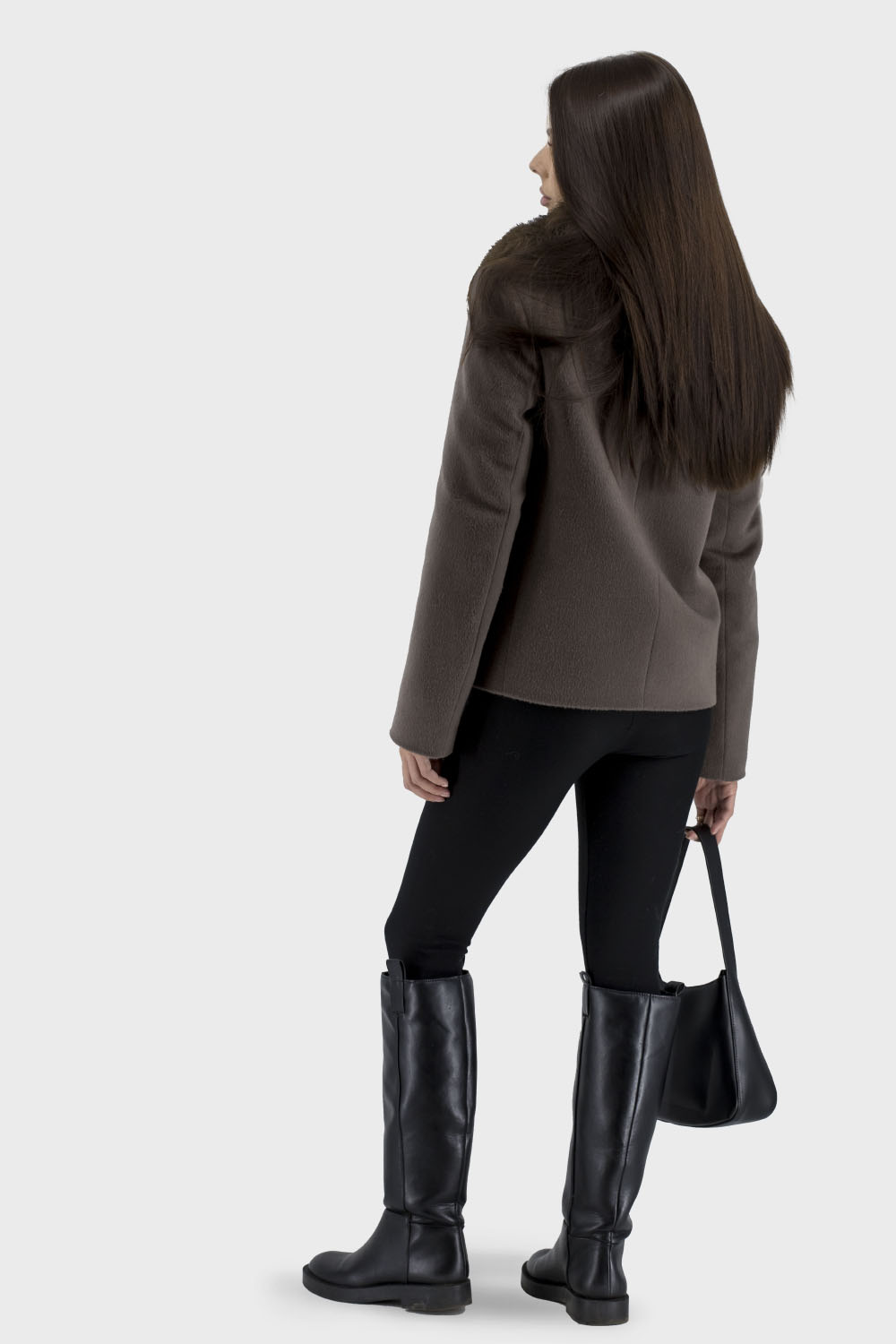 Palton de damă din lână cappuccino cu blană artificială, stil casual Stella Polare. (cappuccino, 42)