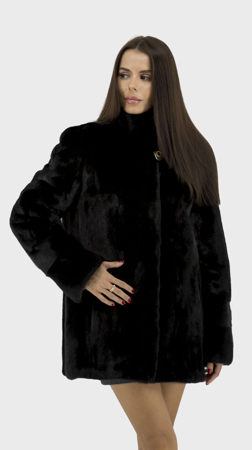 Haină de iarnă pentru femei cu blană de nurcă, neagră, stil casual (negru, 36)
