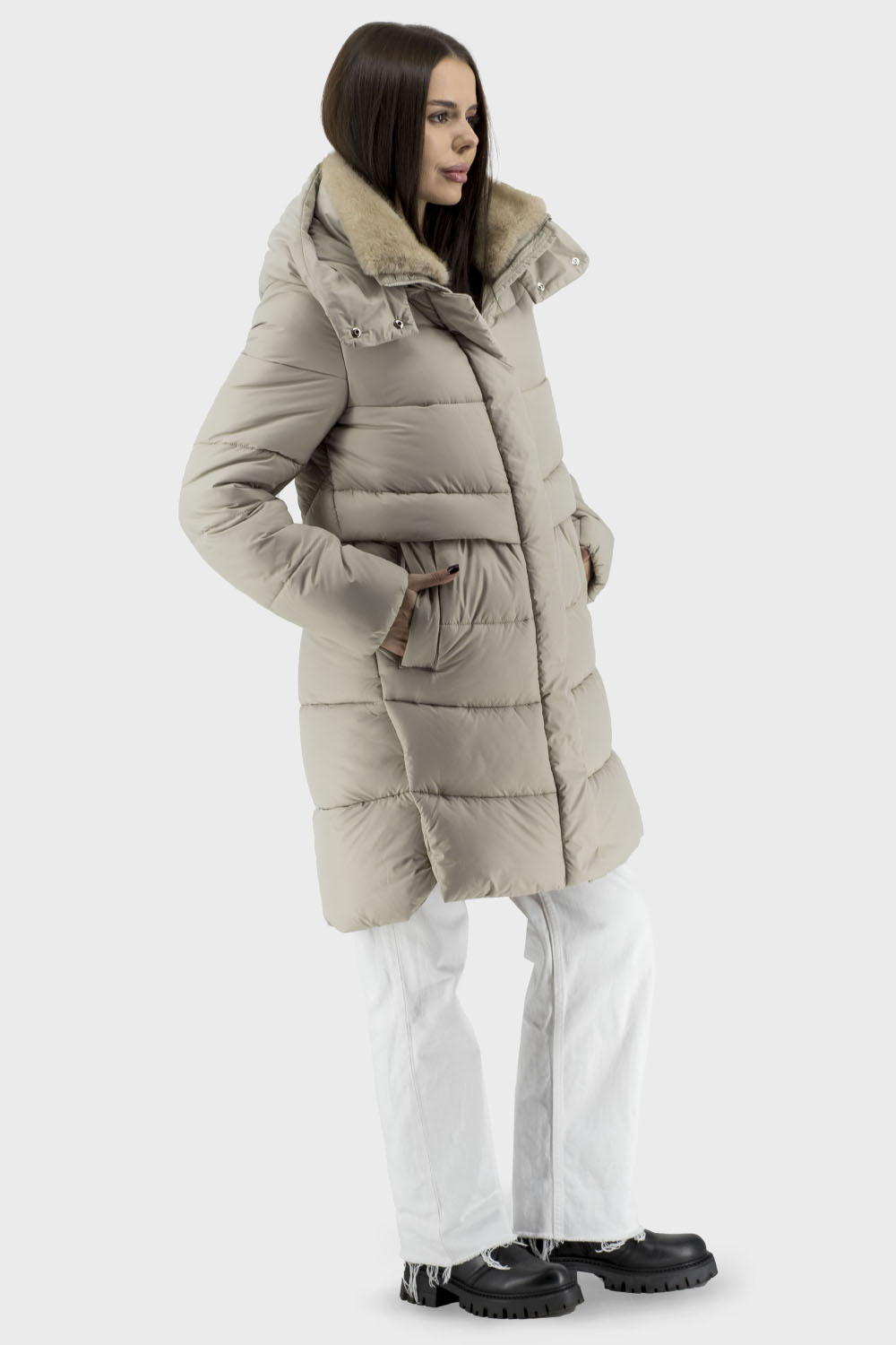 Geacă de iarnă pentru femei cu puf artificial și blană ecologică, stil casual Stella Polare (bej deschis, 42)