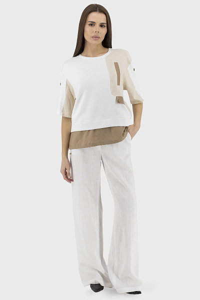 Bluză de vară pentru femei, tip tricou casual, cu model geometric Sevi (bej/alb, 36)