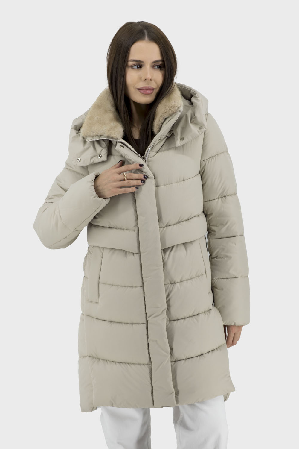 Geacă de iarnă pentru femei cu puf artificial și blană ecologică, stil casual Stella Polare (bej deschis, 42)
