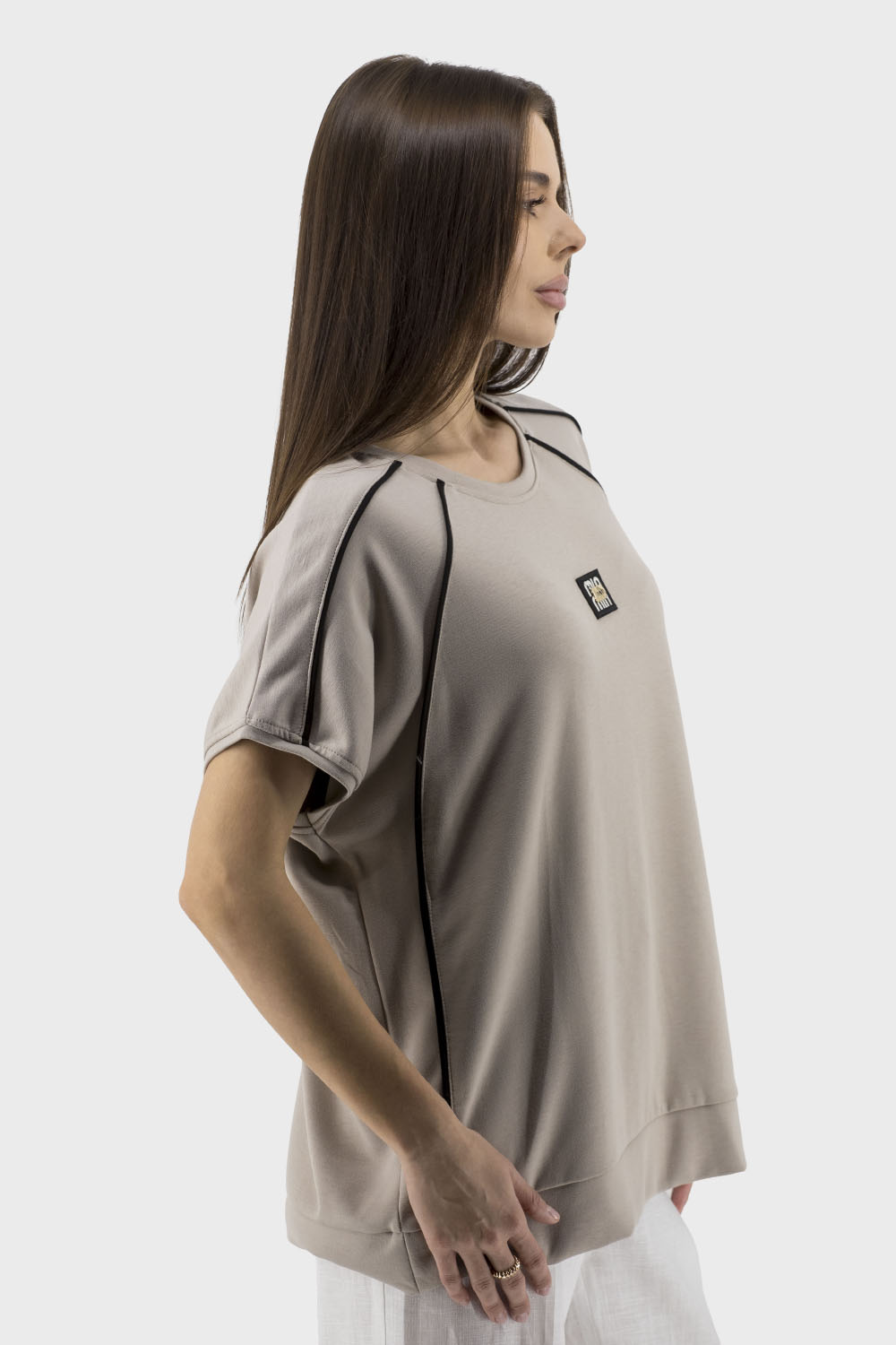 Tricou casual de vară pentru femei în dungi, cu mânecă întreagă Ziques (bej, 1)