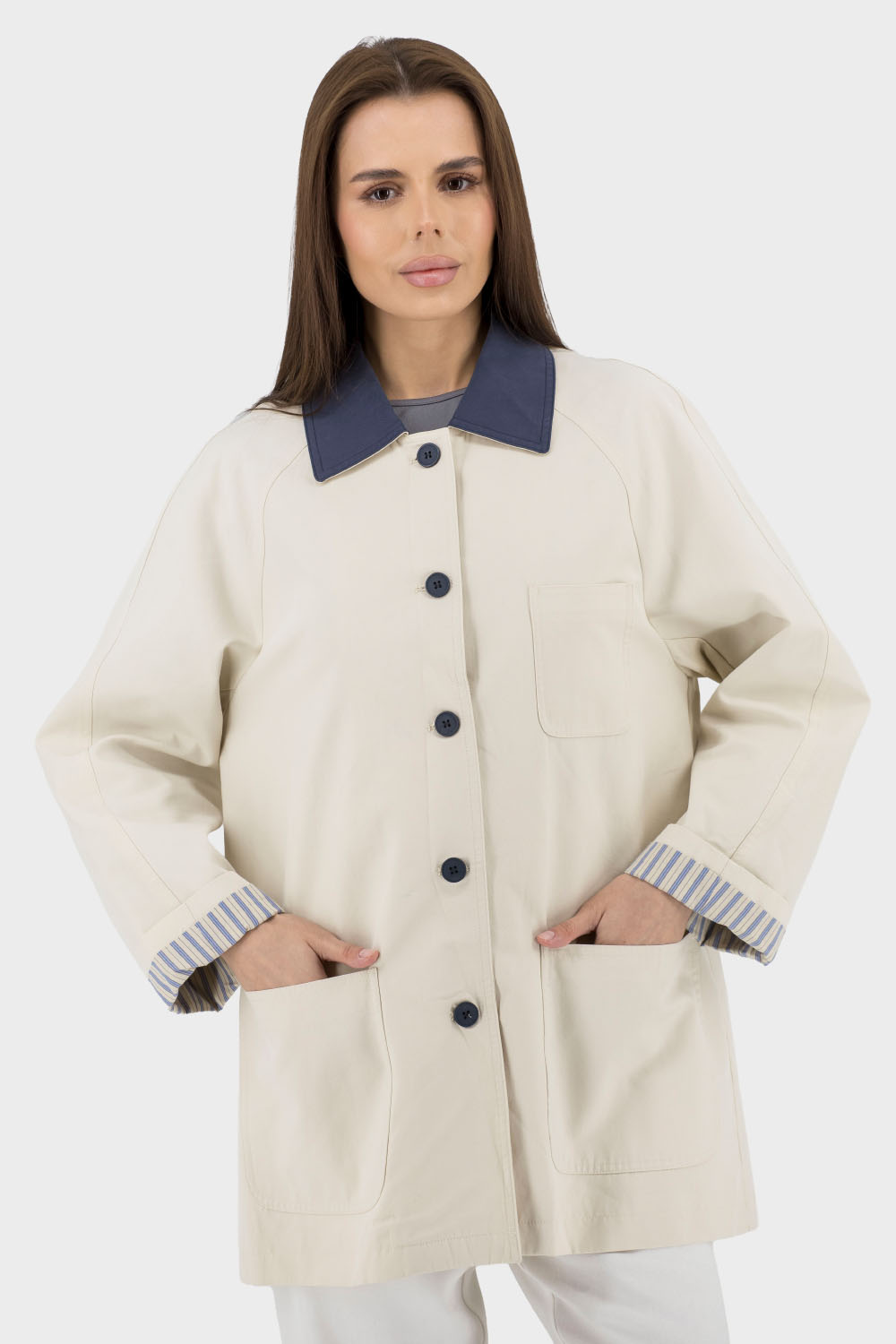 Trench casual de damă bicolor cu poliester, toamnă-primăvară Basic (lactic, 2XL)