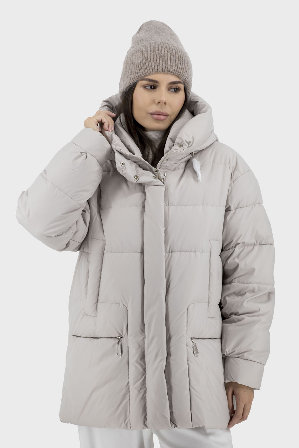 Geacă de damă din puf ușor bej cu biopup pentru toamnă-iarnă, stil casual Snow Owl (bej deschis, 2XL)