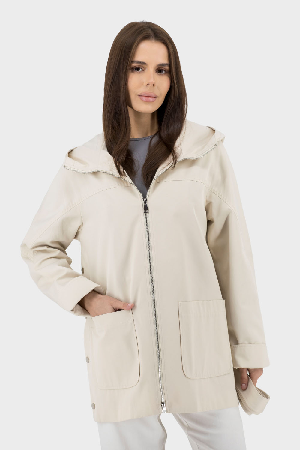 Geacă casual de damă monocromă cu glugă și curea, primăvară-toamnă Bella Bicchi (lactic, 2XL)