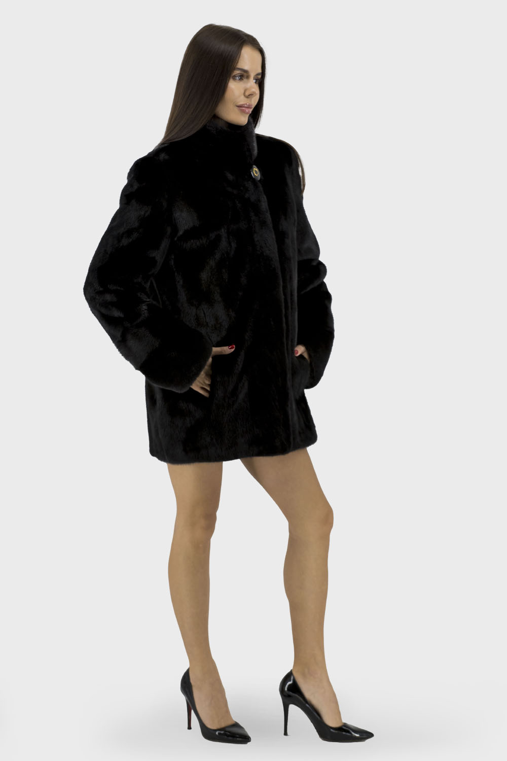 Haină de iarnă pentru femei cu blană de nurcă, neagră, stil casual (negru, 36)