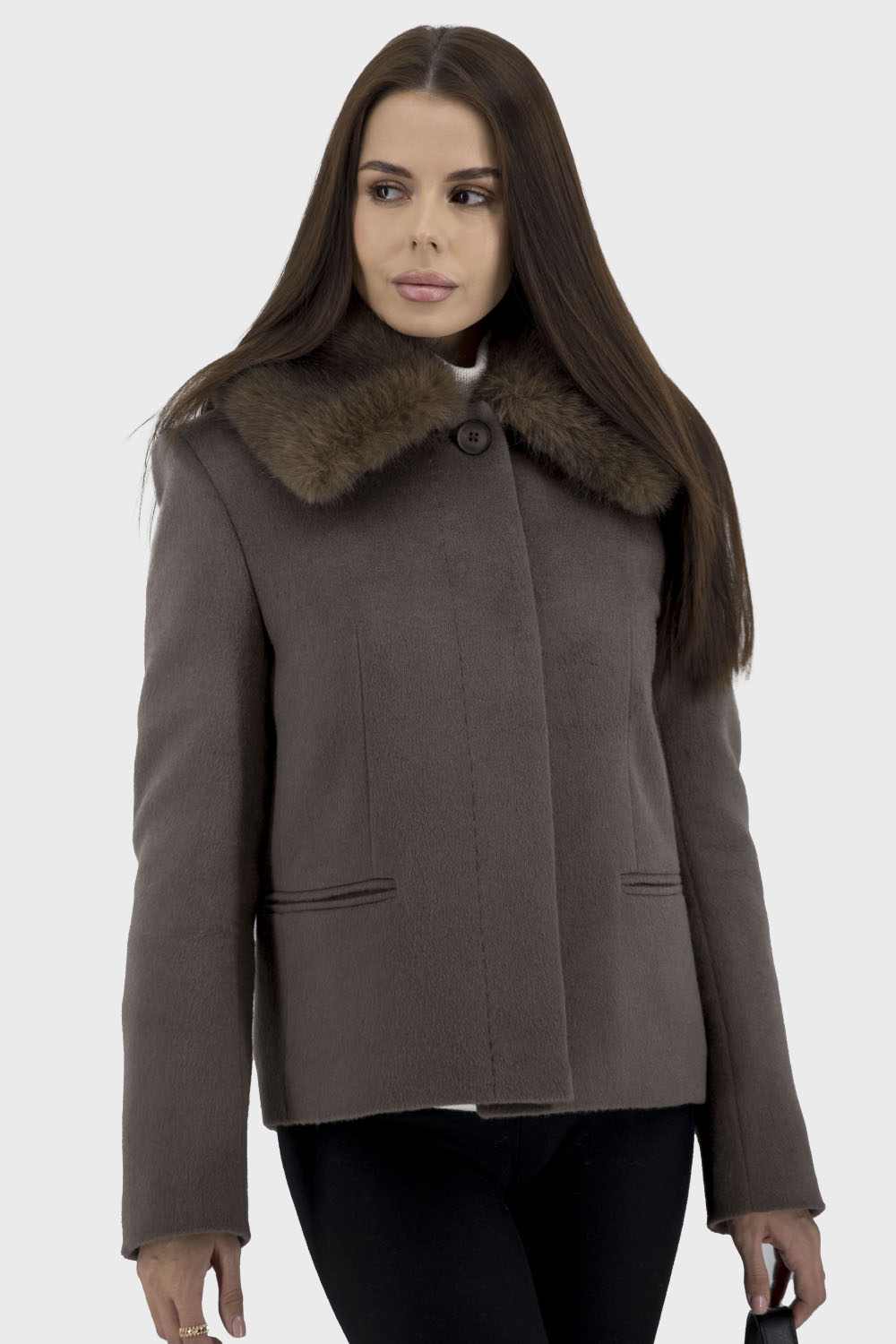 Palton de damă din lână cappuccino cu blană artificială, stil casual Stella Polare. (cappuccino, 42)