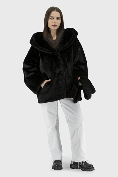 Haină eco neagră de damă cu glugă, stil casual, oversize Bella Bicchi (negru, 46)