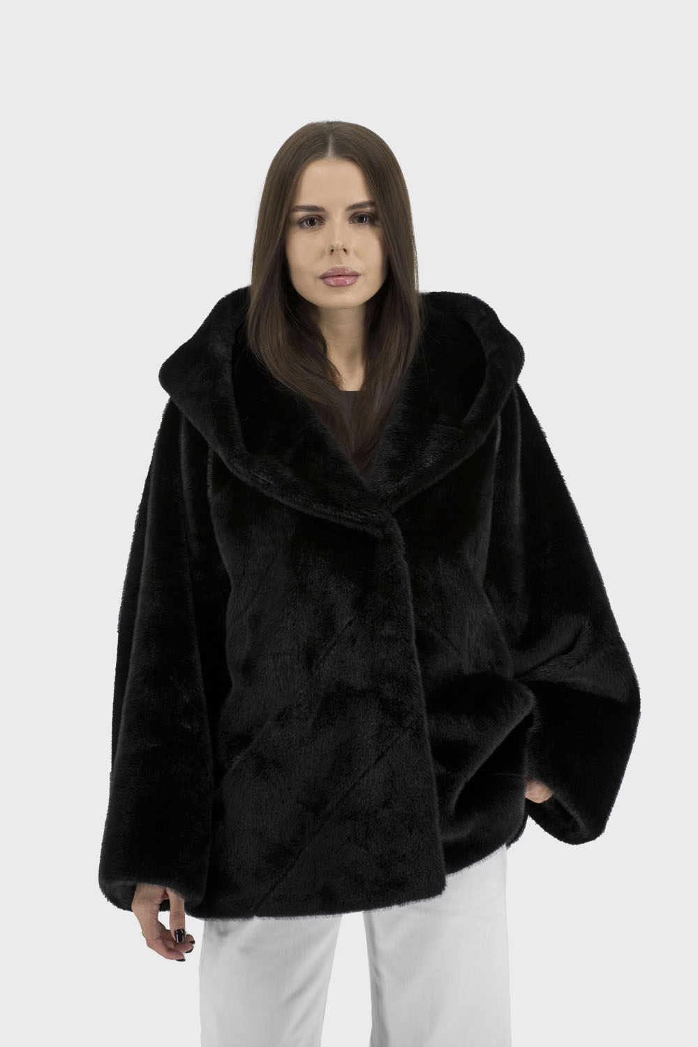 Haină eco neagră de damă cu glugă, stil casual, oversize Bella Bicchi (negru, 46)