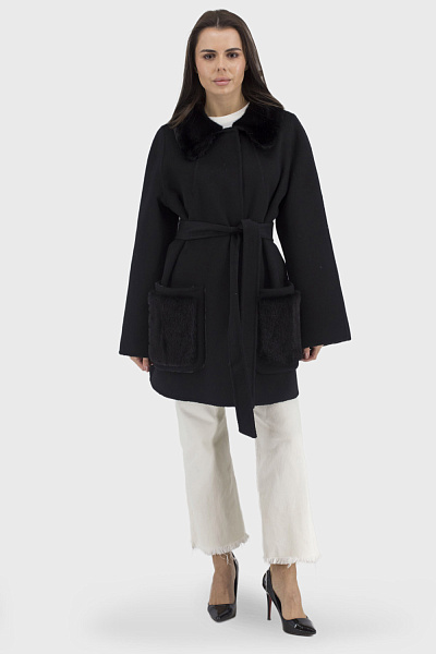 Palton de damă din lână cu blană de nurcă, stil clasic, negru/gri Ferrucci (negru, 2XL)